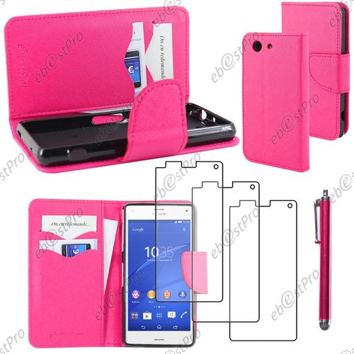 Ebeststar ® Housse Coque Etui Portefeuille Folio Book Livre Simili Cuir Pour Sony Xperia Z3 Compact, Couleur Rose + Stylet 3 Film