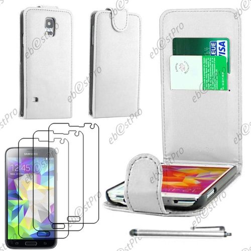 Ebeststar ® Housse Coque Etui Simili Cuir À Rabat Vertical Pour Samsung Galaxy S5 Sm-G900f, G900, G900h, Couleur Blanc + Stylet 3 Film