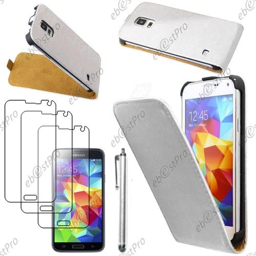 Ebeststar ® Housse Coque Etui En Pu Cuir À Rabat Ultra Fine (Slim Case) Pour Samsung Galaxy S5 Sm-G900f, G900, G900h, Couleur Blanc + Stylet 3 Film