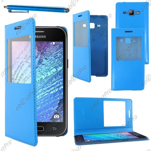Ebeststar ® Housse Coque Etui Smart View Cover Type S-View Portefeuille Livre Pour Samsung Galaxy J1 Sm-J100f, Couleur Bleu + Stylet + Film Protection D'écran