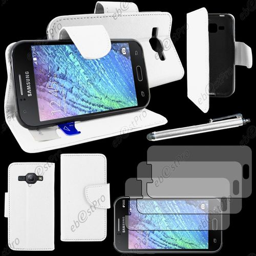 Ebeststar ® Housse Coque Etui Portefeuille Folio Book Livre Simili Cuir Pour Samsung Galaxy J1 Sm-J100f, Couleur Blanc + Stylet 3 Film