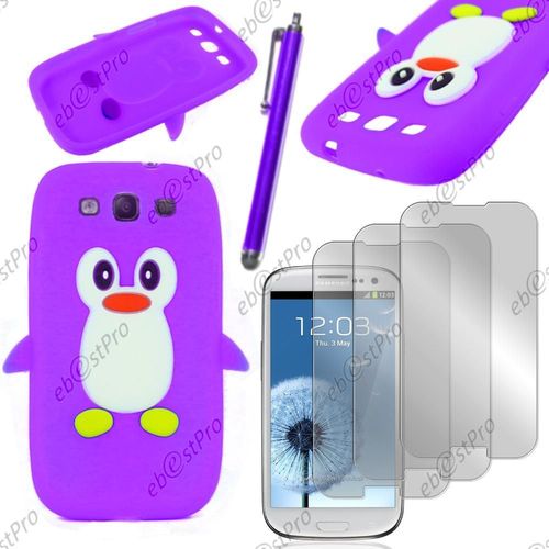 Ebeststar ® Etui Housse Coque Pingouin Silicone Souple Design Fun Pour Samsung Galaxy S3 I9300 I9305, Couleur Violet + Stylet 3 Film