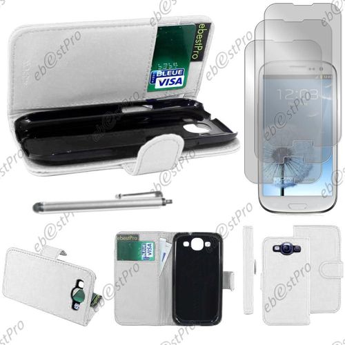 Ebeststar ® Housse Coque Etui Portefeuille Folio Book Livre Simili Cuir Pour Samsung Galaxy S3 I9300 I9305, Couleur Blanc + Stylet 3 Film