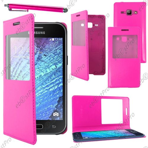 Ebeststar ® Housse Coque Etui Smart View Cover Type S-View Portefeuille Livre Pour Samsung Galaxy J1 Sm-J100f, Couleur Rose + Stylet + Film Protection D'écran