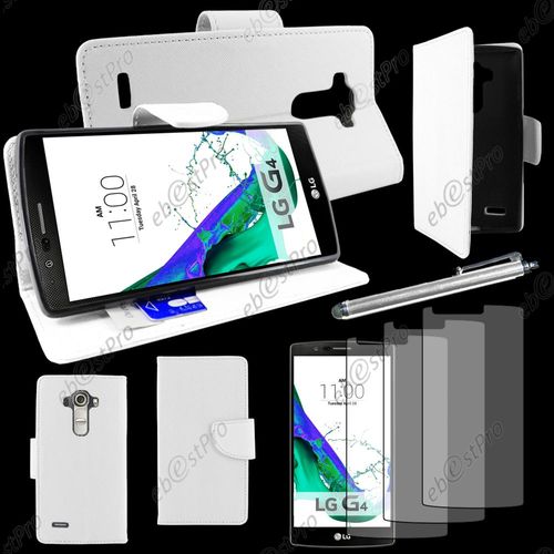 Ebeststar ® Housse Coque Etui Portefeuille Folio Book Livre Simili Cuir Pour Lg G4 H815, G4 Dual-Lte, Couleur Blanc + Stylet 3 Film