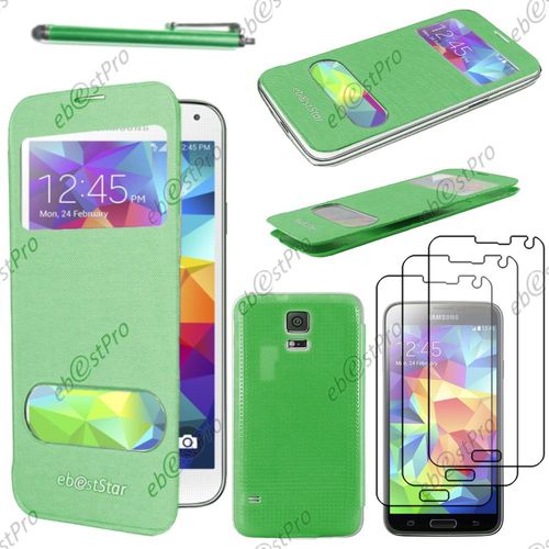 Ebeststar ® Housse Coque Etui Smart View Cover Type S-View Portefeuille Livre Pour Samsung Galaxy S5 Sm-G900f, G900, G900h, Couleur Vert + Stylet 3 Film
