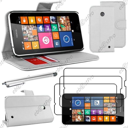 Ebeststar ® Housse Coque Etui Portefeuille Folio Book Livre Simili Cuir Pour Nokia Lumia 630, Couleur Blanc + Stylet 3 Film