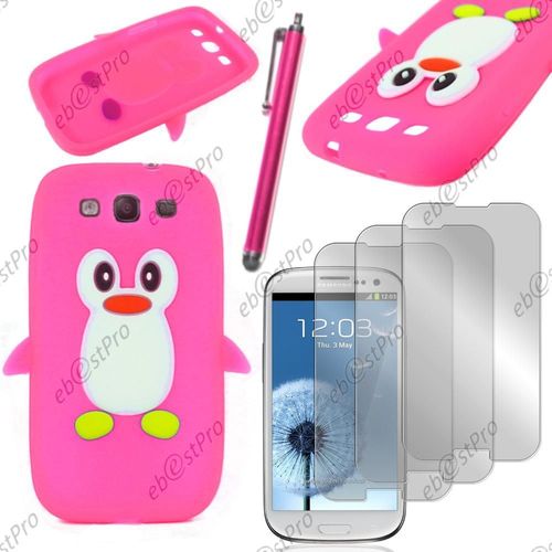 Ebeststar ® Etui Housse Coque Pingouin Silicone Souple Design Fun Pour Samsung Galaxy S3 I9300 I9305, Couleur Rose + Stylet 3 Film