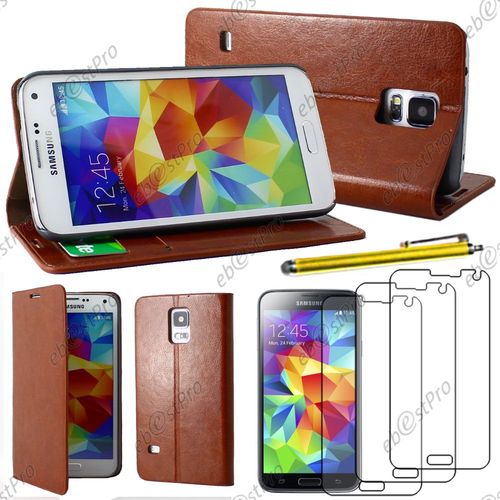 Ebeststar ® Housse Coque Etui Portefeuille Folio Book Livre Pu Cuir Pour Samsung Galaxy S5 Sm-G900f, G900, G900h, Couleur Marron + Stylet 3 Film