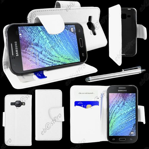 Ebeststar ® Housse Coque Etui Portefeuille Folio Book Livre Simili Cuir Pour Samsung Galaxy J1 Sm-J100f, Couleur Blanc + Stylet + Film Protection D'écran