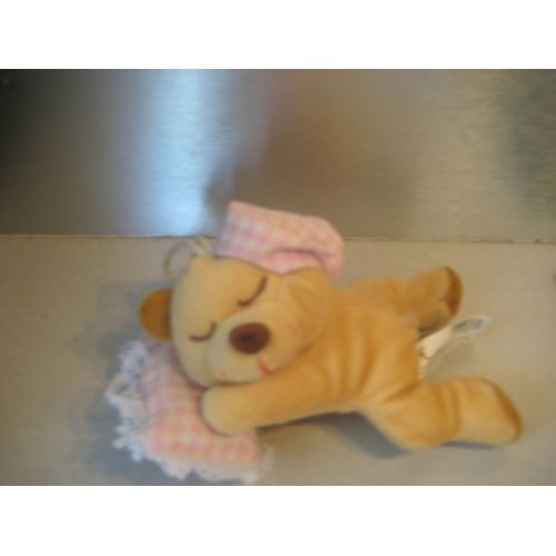 Doudou Peluche Ours Et Son Oreillet Et Bonnet Vichy Rose 17 Cm