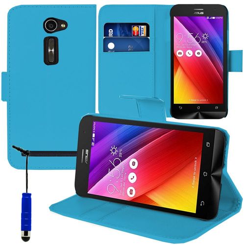 Etui Portefeuille Pour Asus Zenfone 2 Ze500cl/ Zenfone 2e Z00d Support Video Cuir Pu - Bleu + Mini Stylet