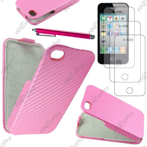 Ebeststar ® Housse Coque Etui À Rabat Revêtement Carbone Pour Apple Iphone 4s, 4, Couleur Rose + Stylet 3 Film