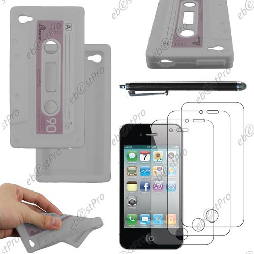 Ebeststar ® Housse Etui Coque Silicone Gel Motif Format Cassette  Pour Apple Iphone 4s, 4, Couleur Gris + Stylet 3 Film
