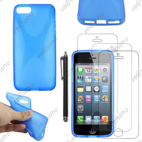 Ebeststar ® Housse Etui Coque Silicone Gel Motif X Protection Souple Pour Apple Iphone 5s, 5, Couleur Bleu + Stylet 3 Film