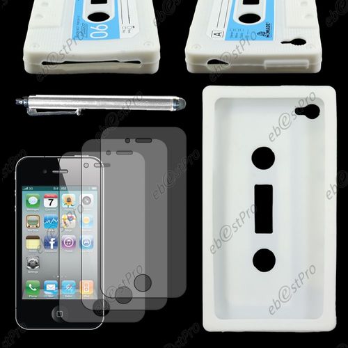 Ebeststar ® Housse Etui Coque Silicone Gel Motif Format Cassette  Pour Apple Iphone 4s, 4, Couleur Blanc + Stylet 3 Film