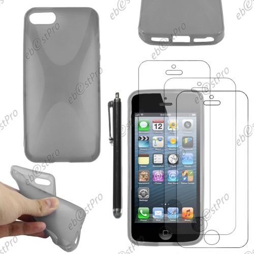 Ebeststar ® Housse Etui Coque Silicone Gel Motif X Protection Souple Pour Apple Iphone 5s, 5, Couleur Gris + Stylet 3 Film