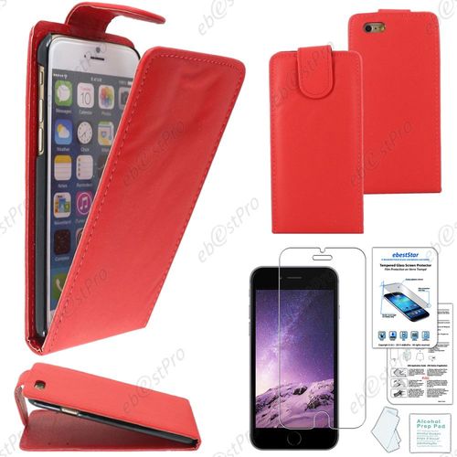 Ebeststar ® Film Verre Trempé + Coque Housse Etui Simili Cuir Rabattable Pour Apple Iphone 6 Écran 4,7", Couleur Rouge + Film Verre