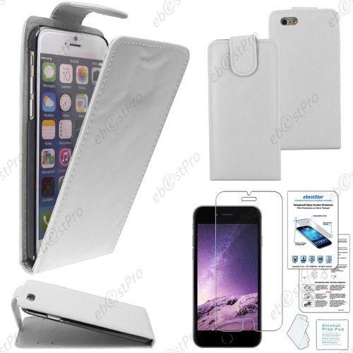 Ebeststar ® Film Verre Trempé + Coque Housse Etui Simili Cuir Rabattable Pour Apple Iphone 6 Écran 4,7", Couleur Blanc + Film Verre