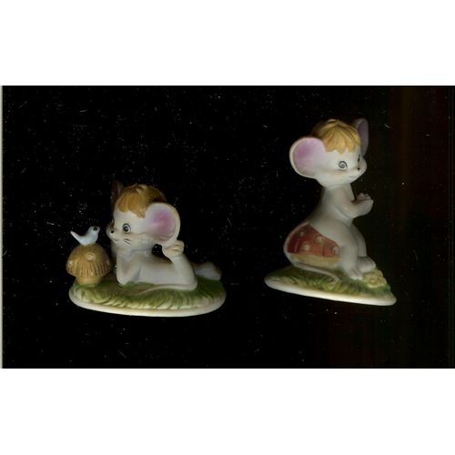 Biscuit De Porcelaine Polychrome Enfant : Duo De Petites Souris-Champignons-Fleur-Oiseau