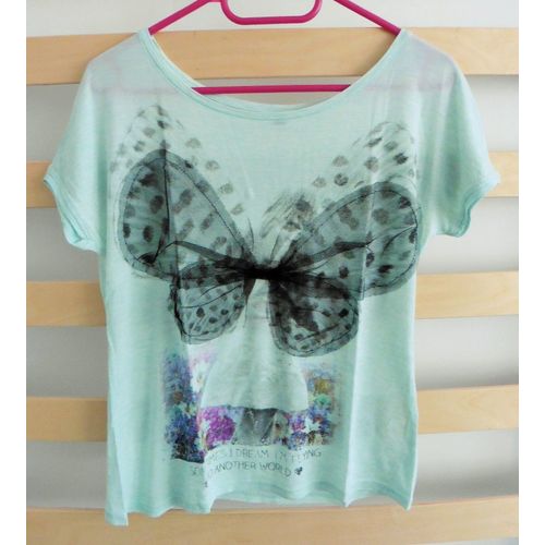 T-Shirt Vert Imprimé Fée. Ailes En Voile Noir Effet Papillon. Pimkie. Taille 38