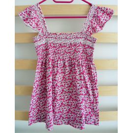 Débardeur Imprimé Fleurs Rouges. Buste Froncé. Camaïeu. Taille 36/38