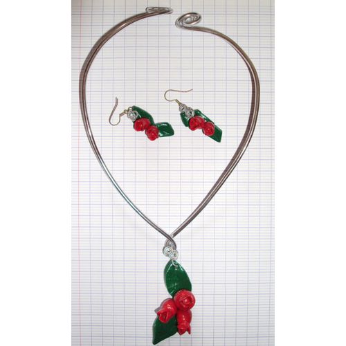 Parure Collier Et Boucle D'oreille Forme De Rose