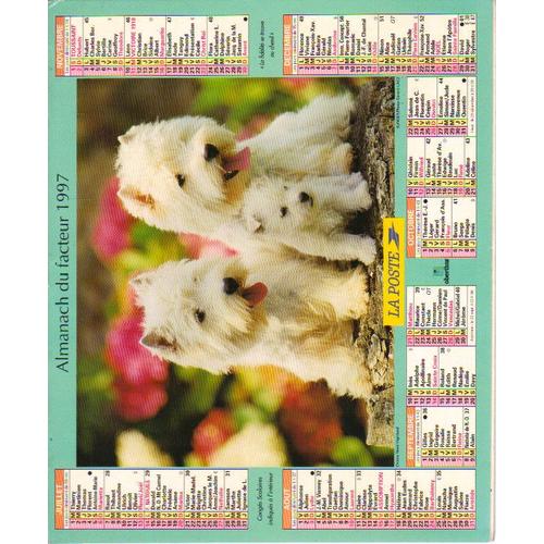 CALENDRIER 1996 ALMANACH PTT / CHAT / CHIENS / Intérieur : 12 vues de :  oiseau, lapins, fleurs, fillette