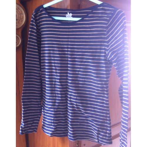 T-Shirt Rayé Bleu/Marron T L Camaïeu Comme Neuf