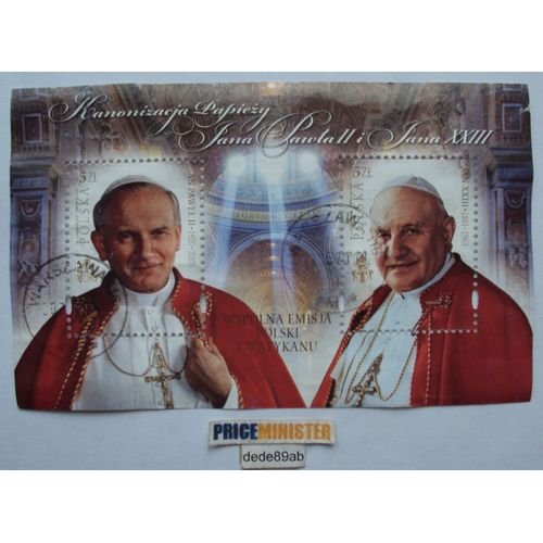 Pologne . Bloc Feuillet De 2 Timbres . Canonisation Des Papes Jean Paul I I & Jean X X I I I . Oblitérés.