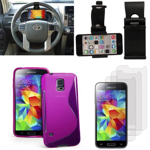 Samsung Galaxy S5 Mini G800f G800h / Duos : Lot Coque Etui Housse Pochette Accessoires Silicone Gel Films Support Voiture Attache Volant - Violet