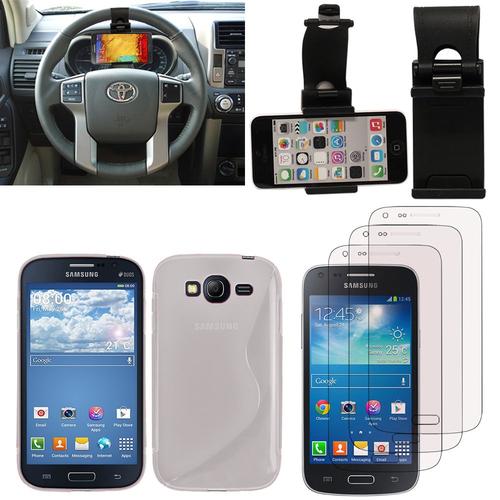 Samsung Galaxy Core Plus G3500/ Trend 3 G3502 : Lot Coque Etui Housse Pochette Accessoires Silicone Gel Films Support Voiture Attache Volant - Transparent