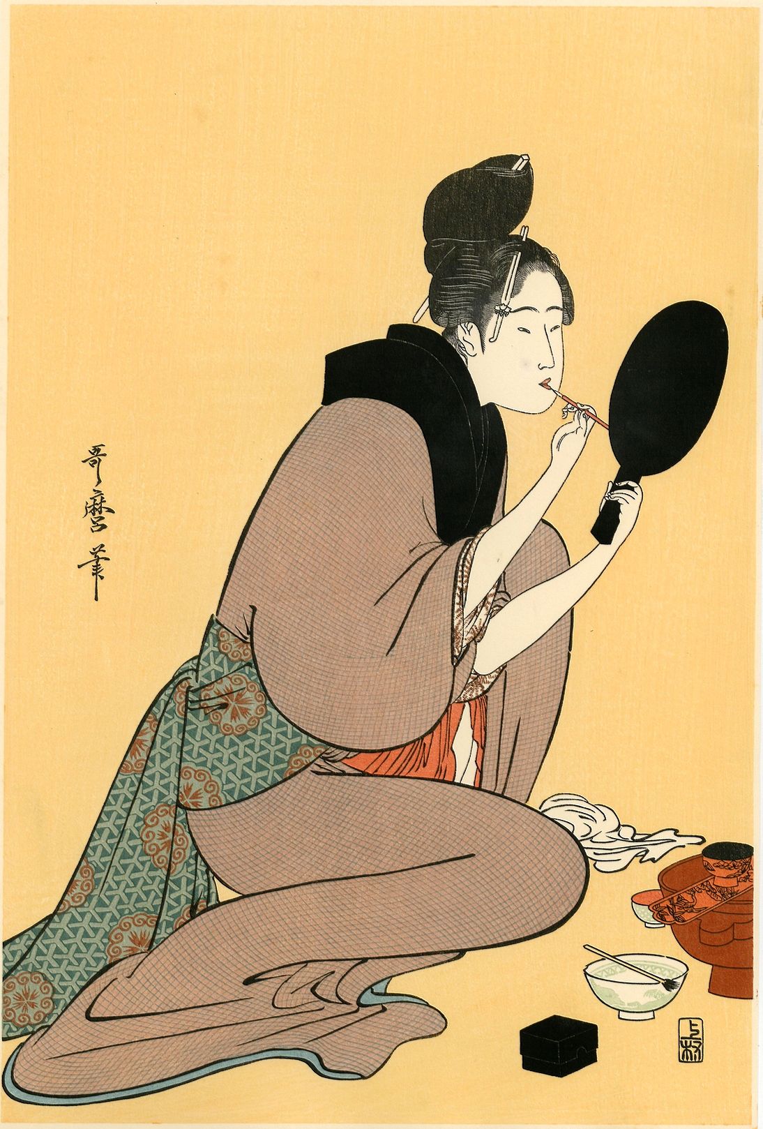 Véritable Estampe Japonaise Gravée Sur Bois À La Main De Utamaro "Bijin Se Maquillant"