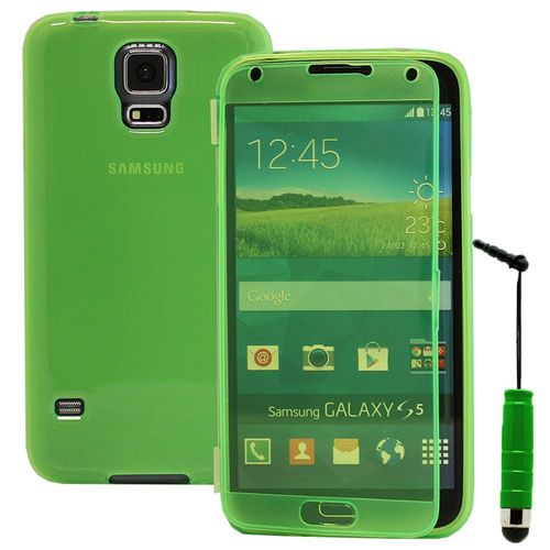 Coque Silicone Pour Samsung Galaxy S5 5.1" Gel Livre Rabat - Vert + Mini Stylet