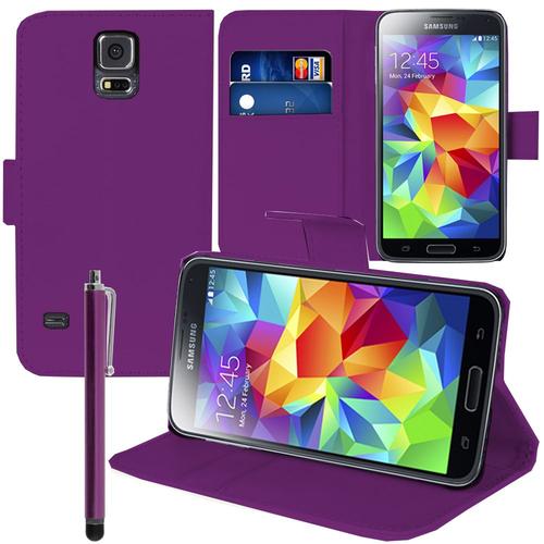 Etui Portefeuille Pour Samsung Galaxy S5 5.1" Support Video Cuir Pu - Violet + Stylet