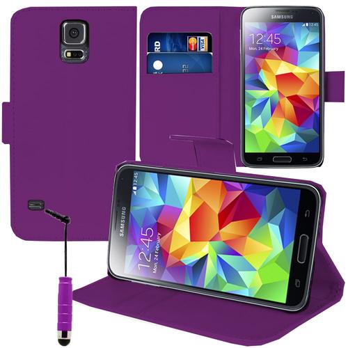 Etui Portefeuille Pour Samsung Galaxy S5 5.1" Support Video Cuir Pu - Violet + Mini Stylet