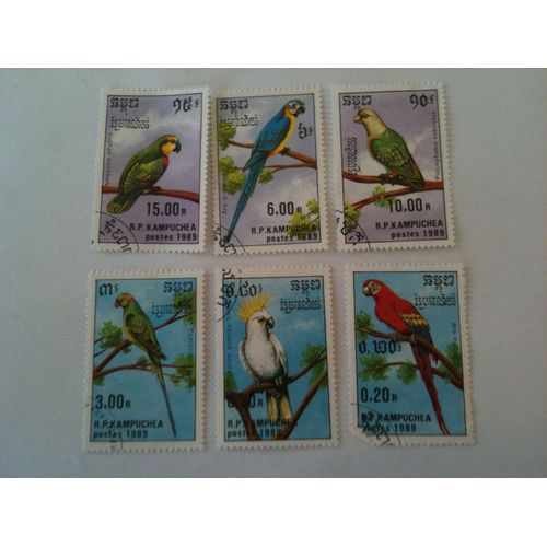 Lot De 6 Timbres Oiseaux Cambodge 1989