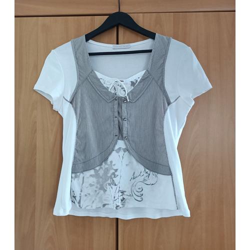 T Shirt Blanc Empiecement Gilet De Costume. Armand Thiery. Coton. Elasthanne. Taille 42