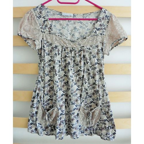 T-Shirt À Motif Fleurs Multicolore Et Dentelle. Promod. Taille 38