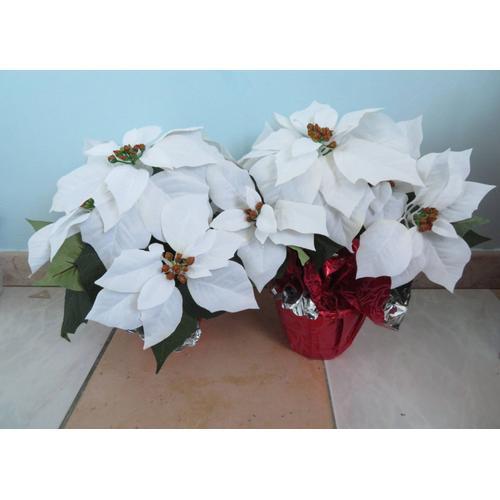 Lot 2 plantes en pot artificielles - fleurs artificielles Poinsettia blancs (cadeau à offrir)