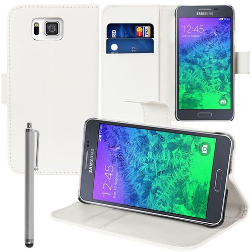 Etui Portefeuille Pour Samsung Galaxy Alpha 4.7" Support Video Cuir Pu - Blanc + Stylet