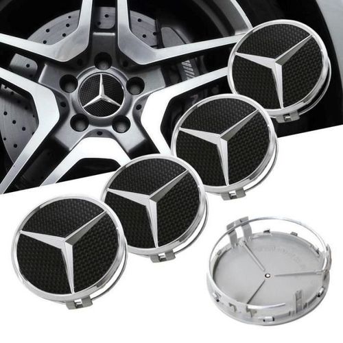 4 Centres De Roue Caches Moyeux Mercedes Benz Effet Carbone Noir 75mm
