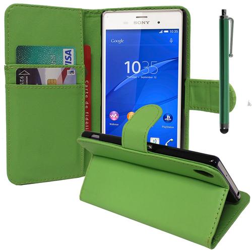 Etui Portefeuille Pour Sony Xperia Z3 5.2" Support Video Cuir Pu - Vert + Stylet