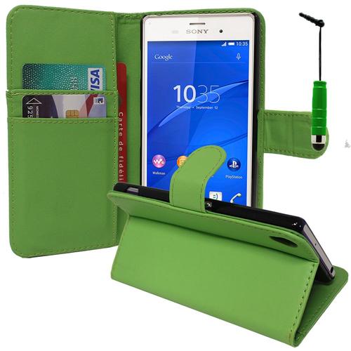 Etui Portefeuille Pour Sony Xperia Z3 5.2" Support Video Cuir Pu - Vert + Mini Stylet