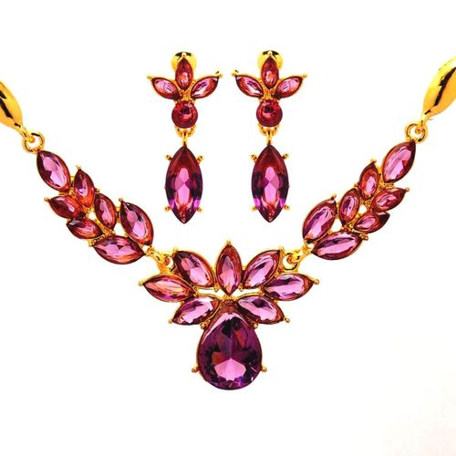 Parure Oxyde De Zirconium Collier + Boucles D'oreille Plaqué Or Jaune