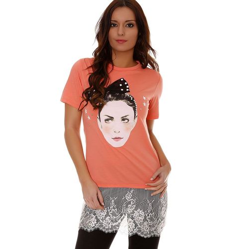 Miss Wear Line - Tshirt Corail Bimatière Avec Dentelle Sur Le Bas Et Un Visage Sur Le Devant