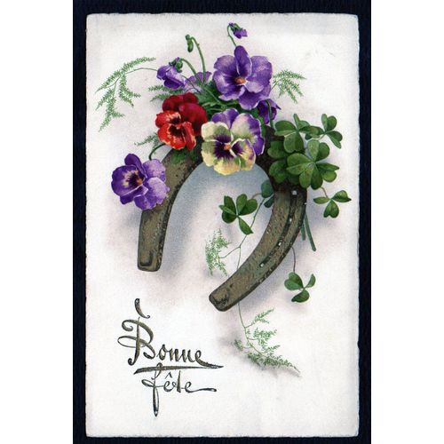 Carte Postale Ancienne, France, Bonne Fête, Fer À Cheval, Pensées, Trèfle
