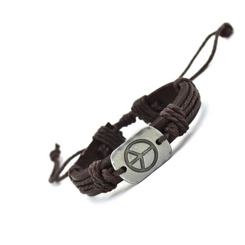 Bracelet Motif Symbole De La Paix Style Surfer En Cuir. Taille Réglable