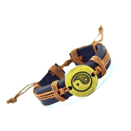 Bracelet Motif Ying Yang Style Surfer En Cuir. Taille Réglable