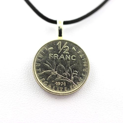 Pendentif Pièce De Monnaie Authentique " France " Demi Franc Semeuse + Cordon Cu